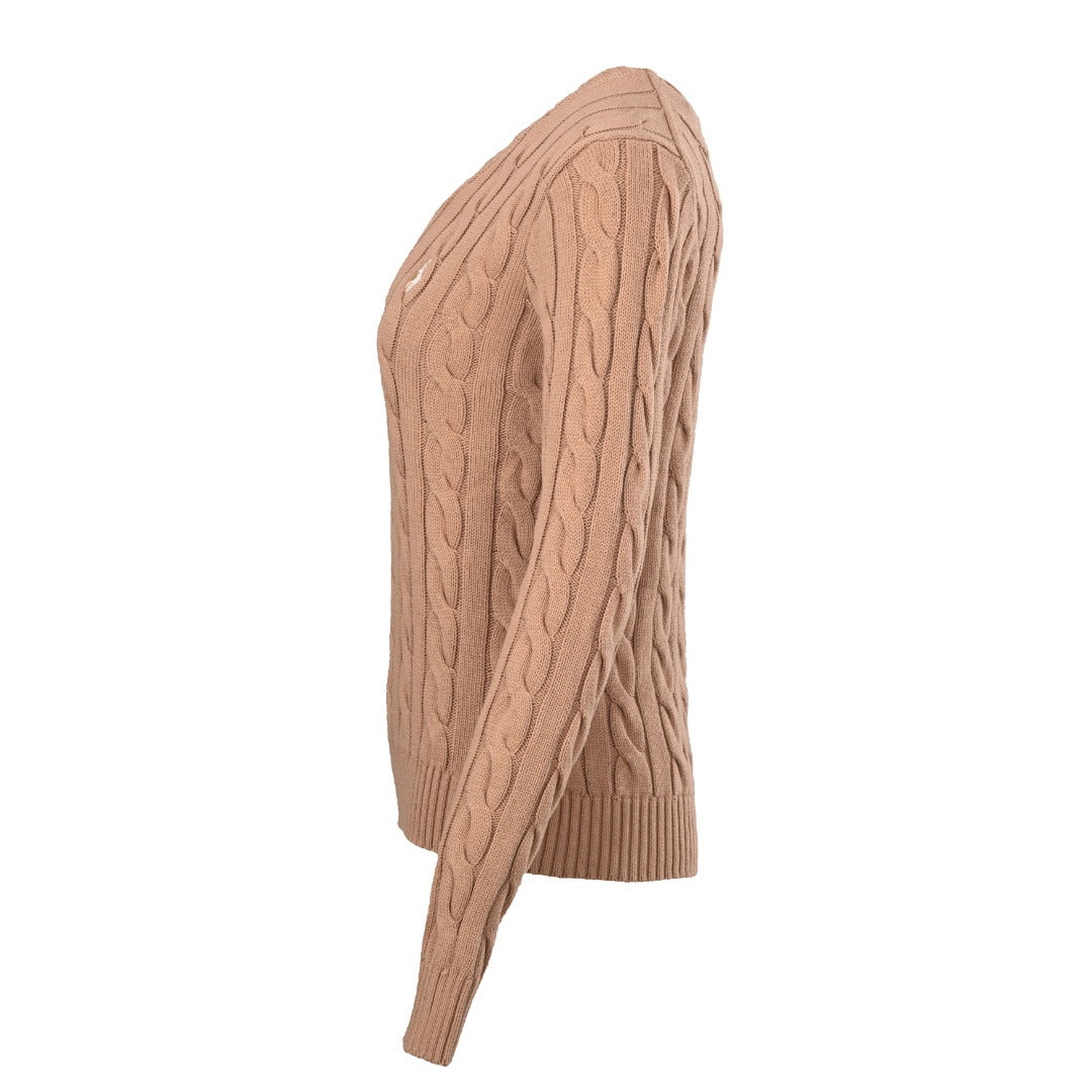 Cable-Knit Wool-Cashmere V-Neck Sweater Camel Melange