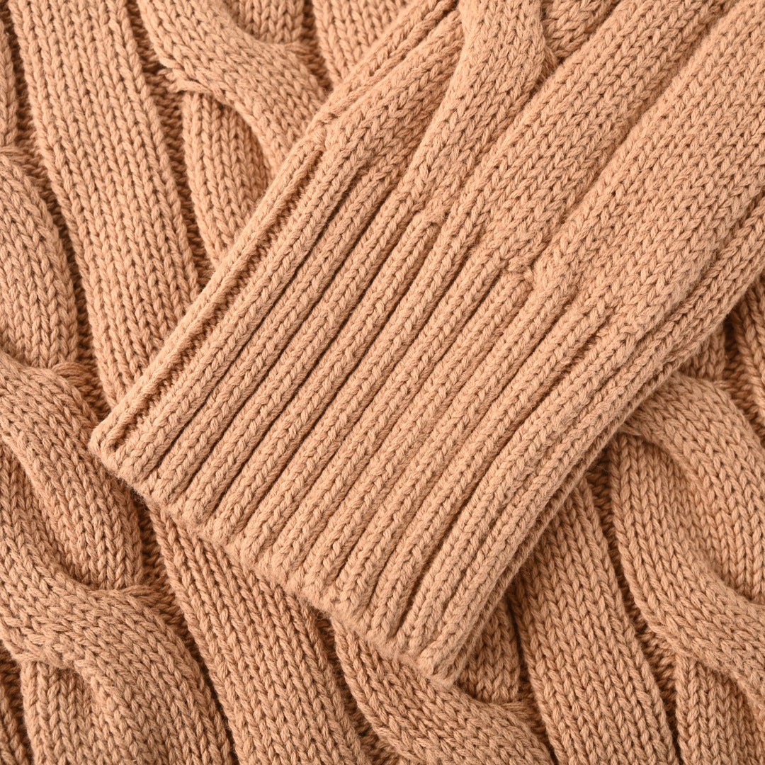 Cable-Knit Wool-Cashmere V-Neck Sweater Camel Melange