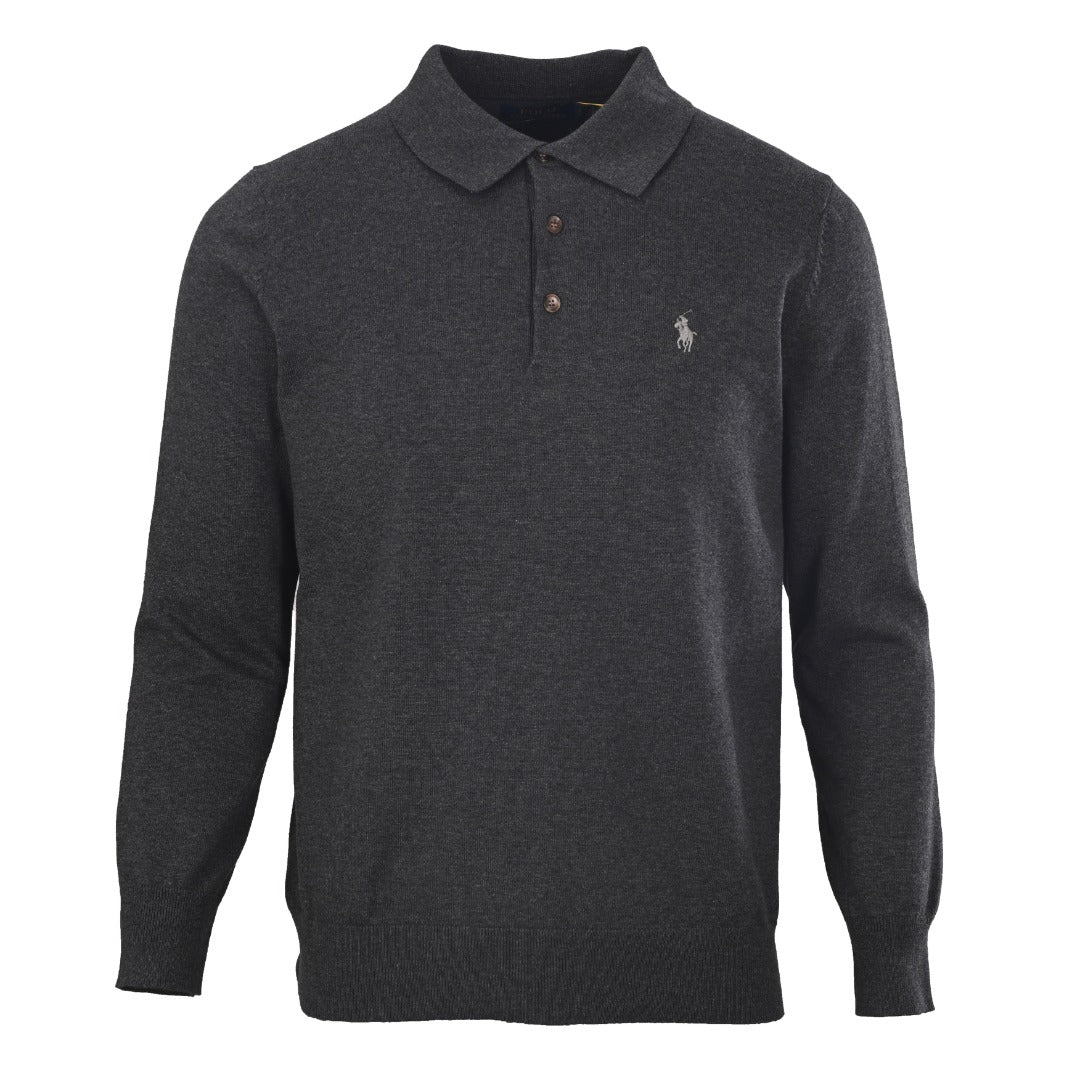 Fine-Knit Polo Sweater Charcoal Grey