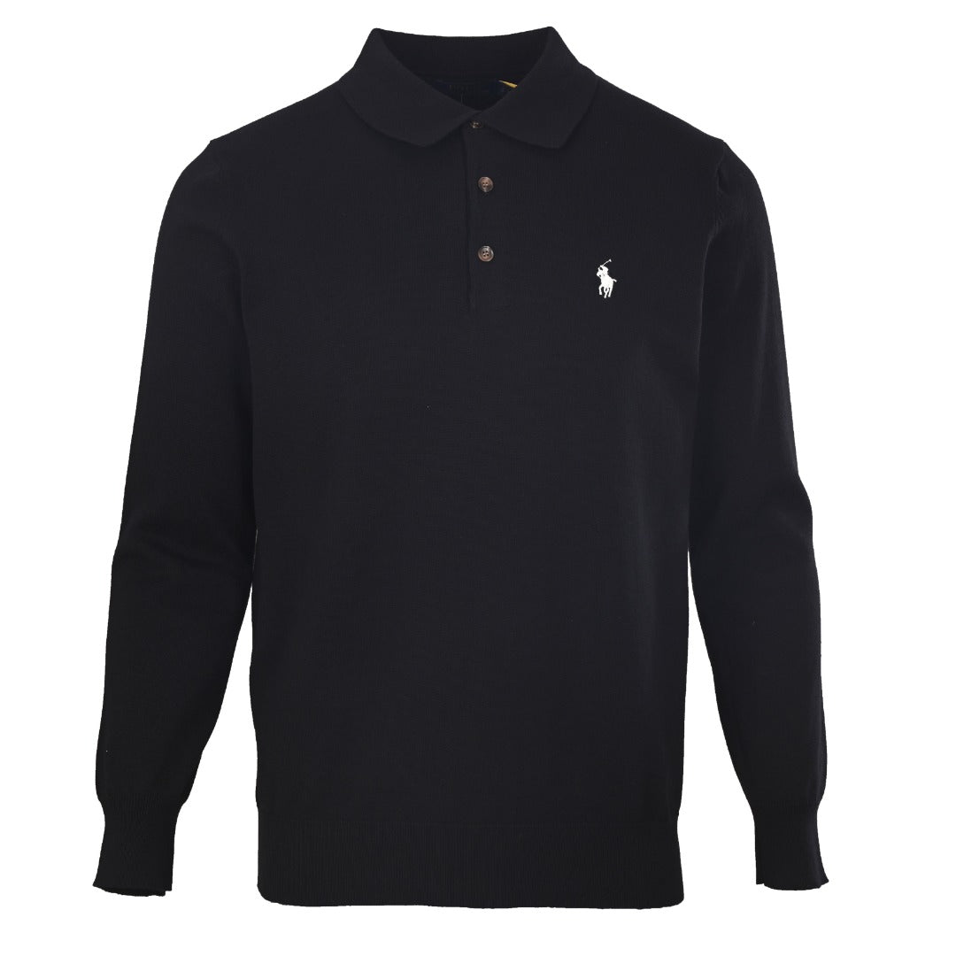 Washable Wool Polo-Collar Sweater Black