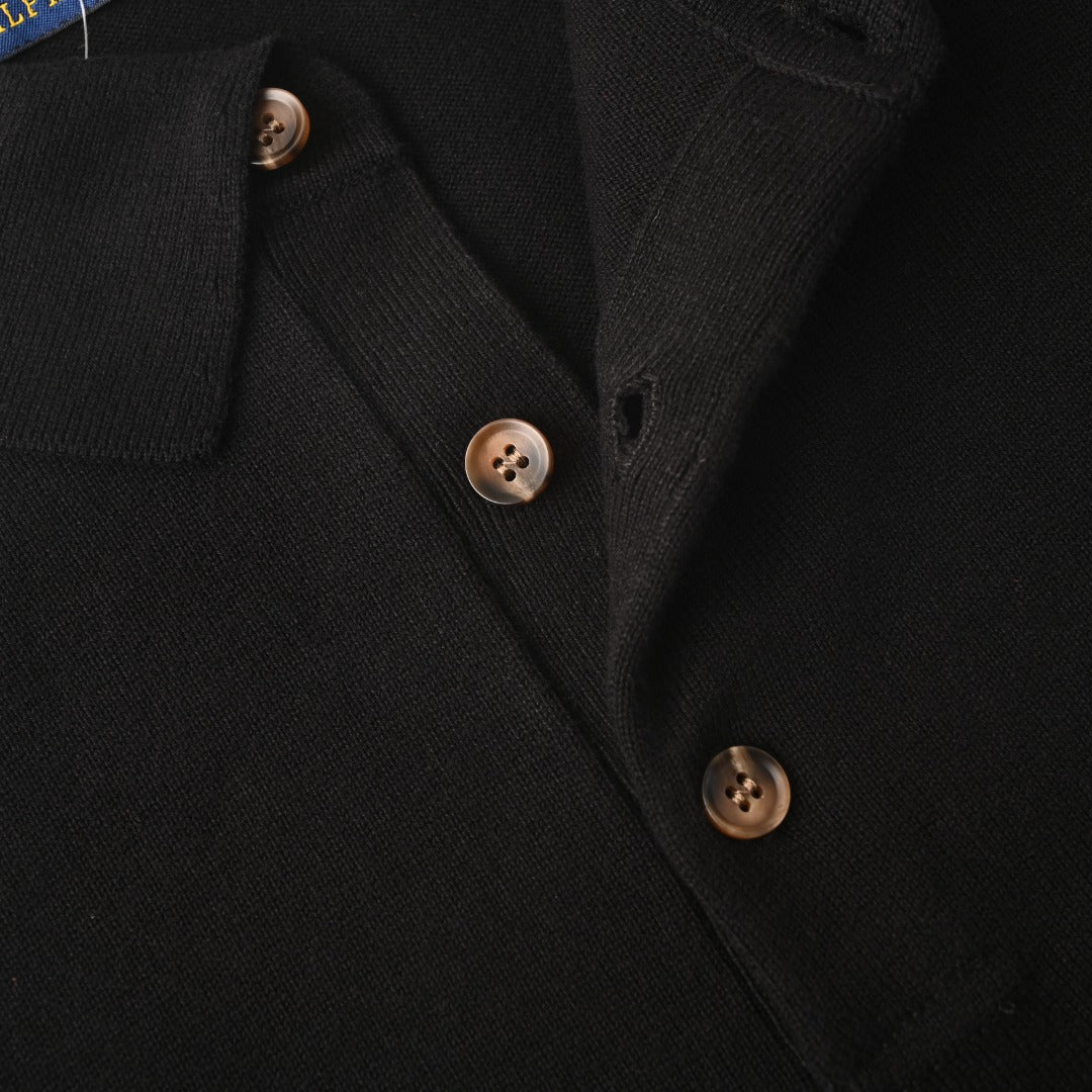 Washable Wool Polo-Collar Sweater Black