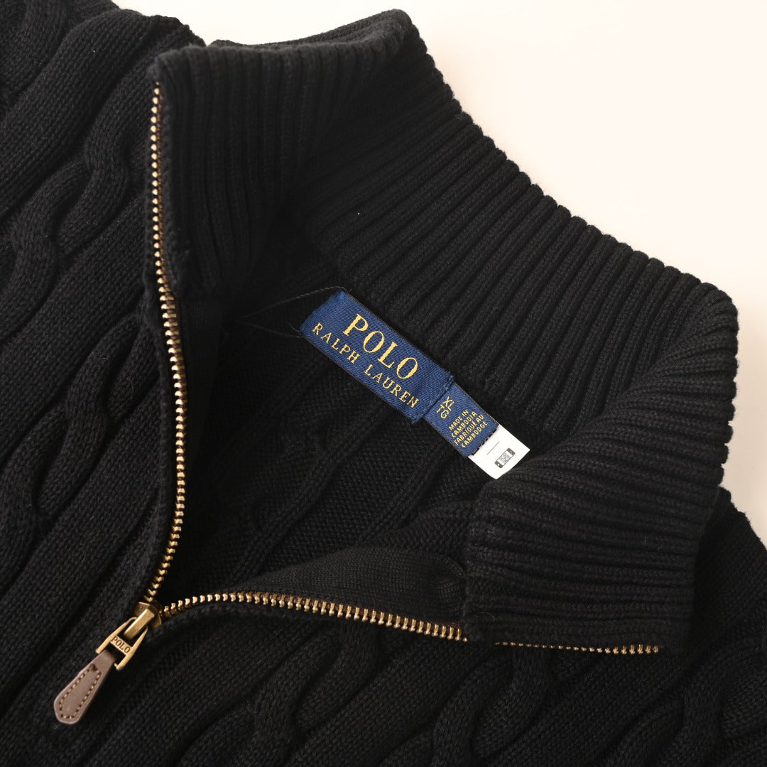 Cable-Knit Cotton Quarter-Zip Sweater Black