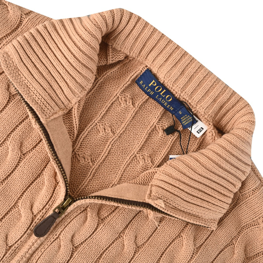 Cable-Knit Cotton Full-Zip Sweater Camel