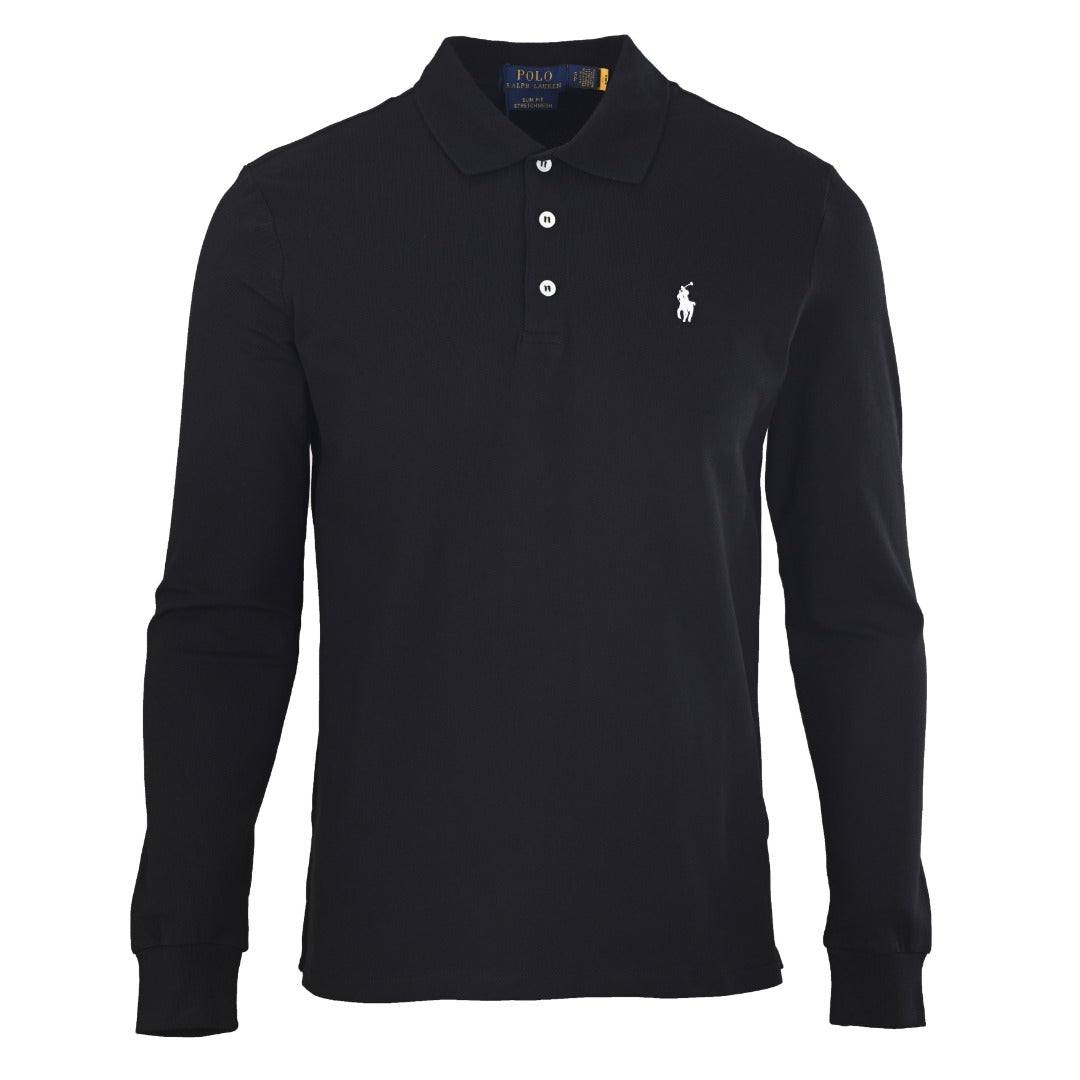 Long-Sleeve Stretch Mesh Polo Black
