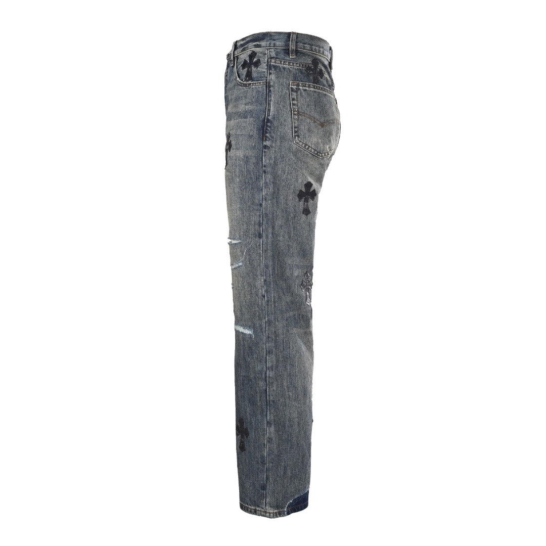Leather Cross Patch Denim Jeans