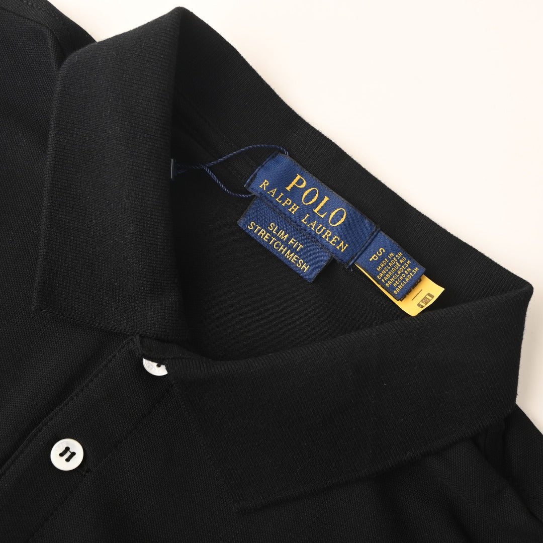 Long-Sleeve Stretch Mesh Polo Black