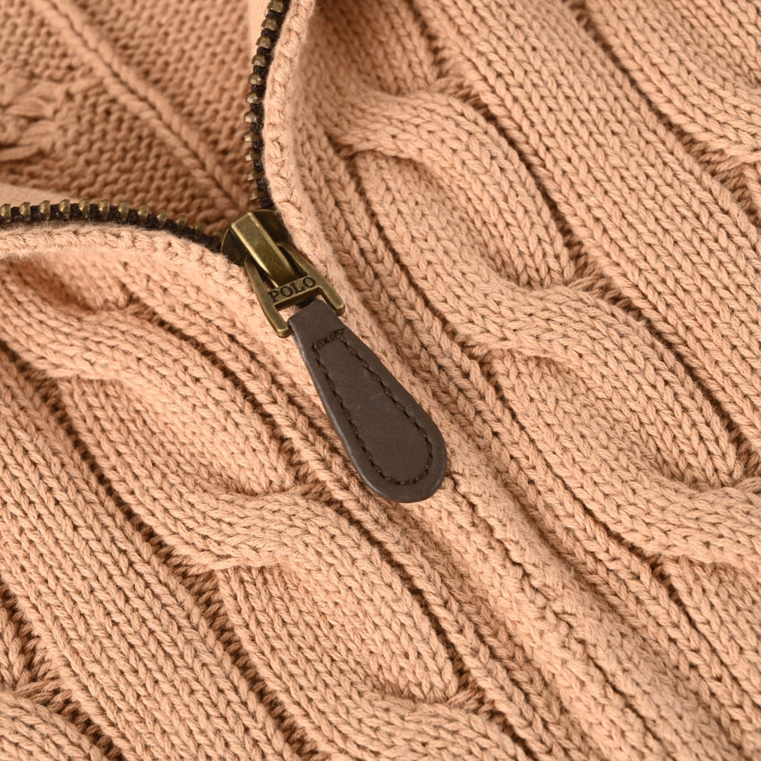 Cable-Knit Cotton Full-Zip Sweater Camel
