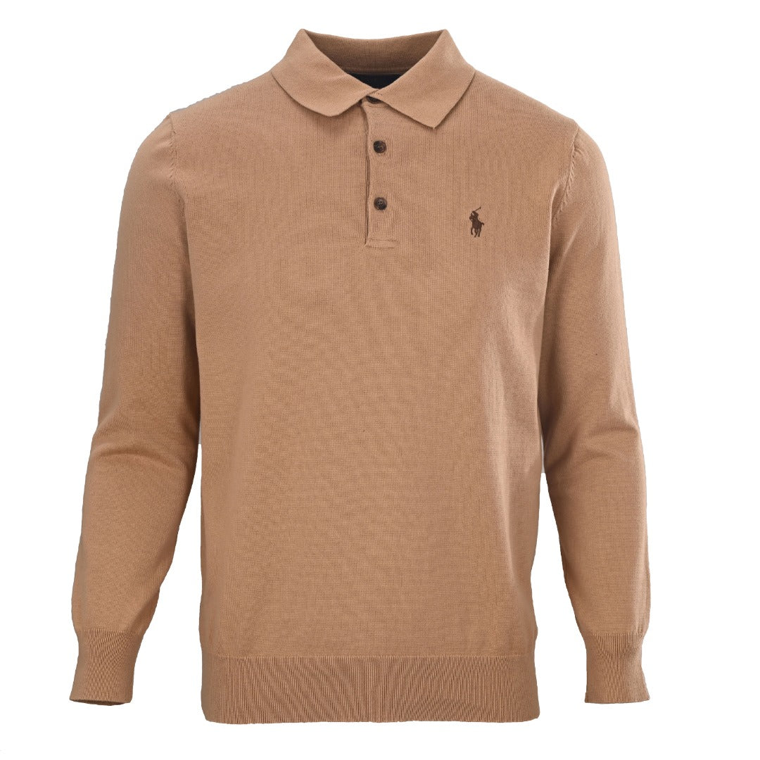 Long-Sleeve Knit Polo Camel Melange