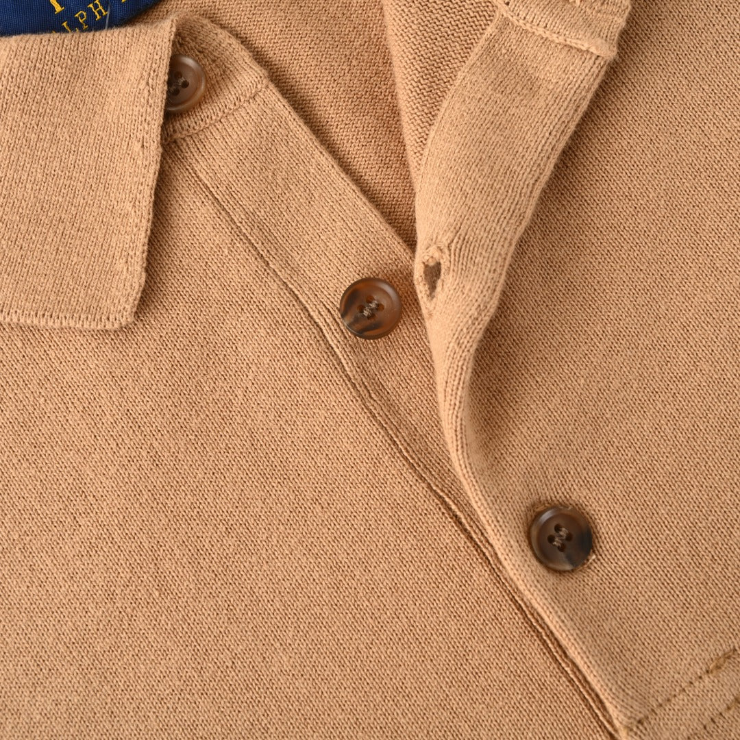 Long-Sleeve Knit Polo Camel Melange