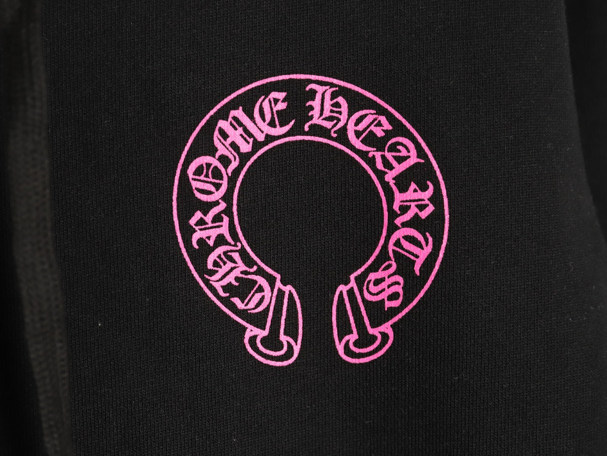 Horseshoe Floral Cross Sleeve Zip-Up Hoodie Black & Pink