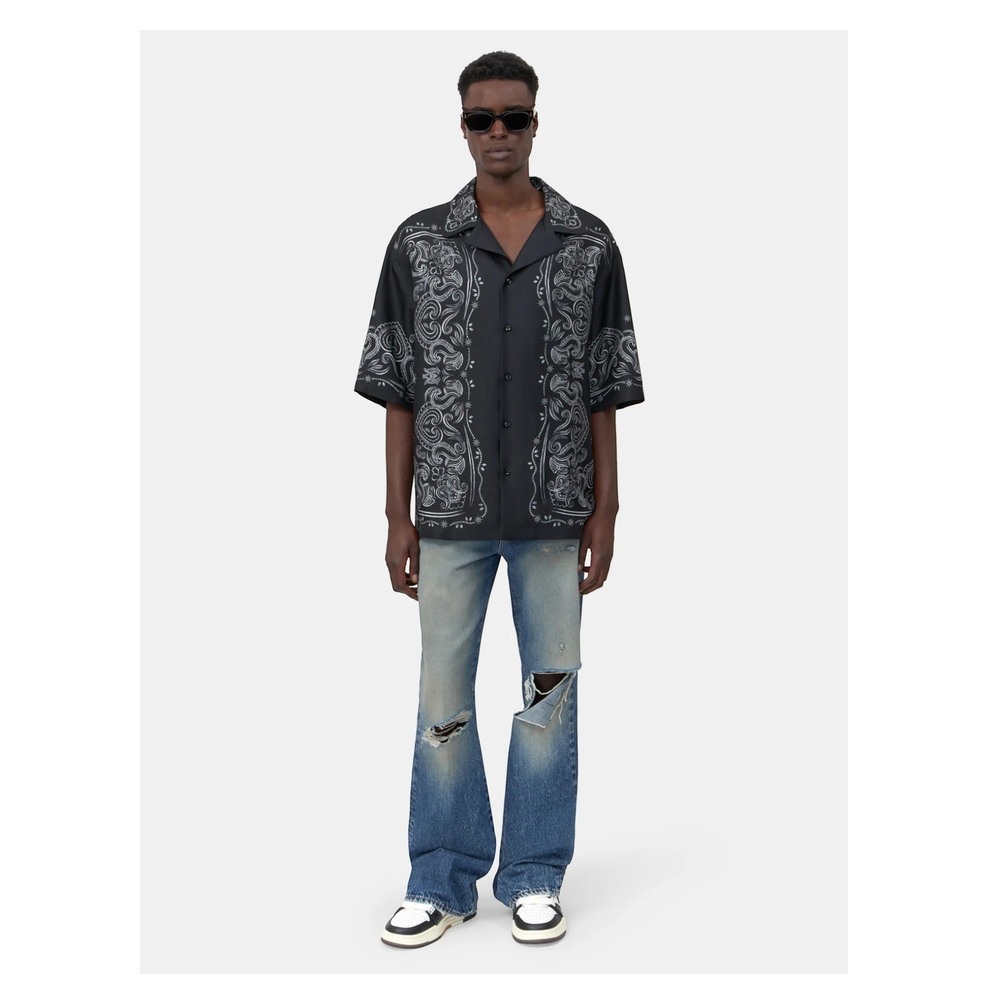 Bandana Paint Oversized Bowling Shirt Black
