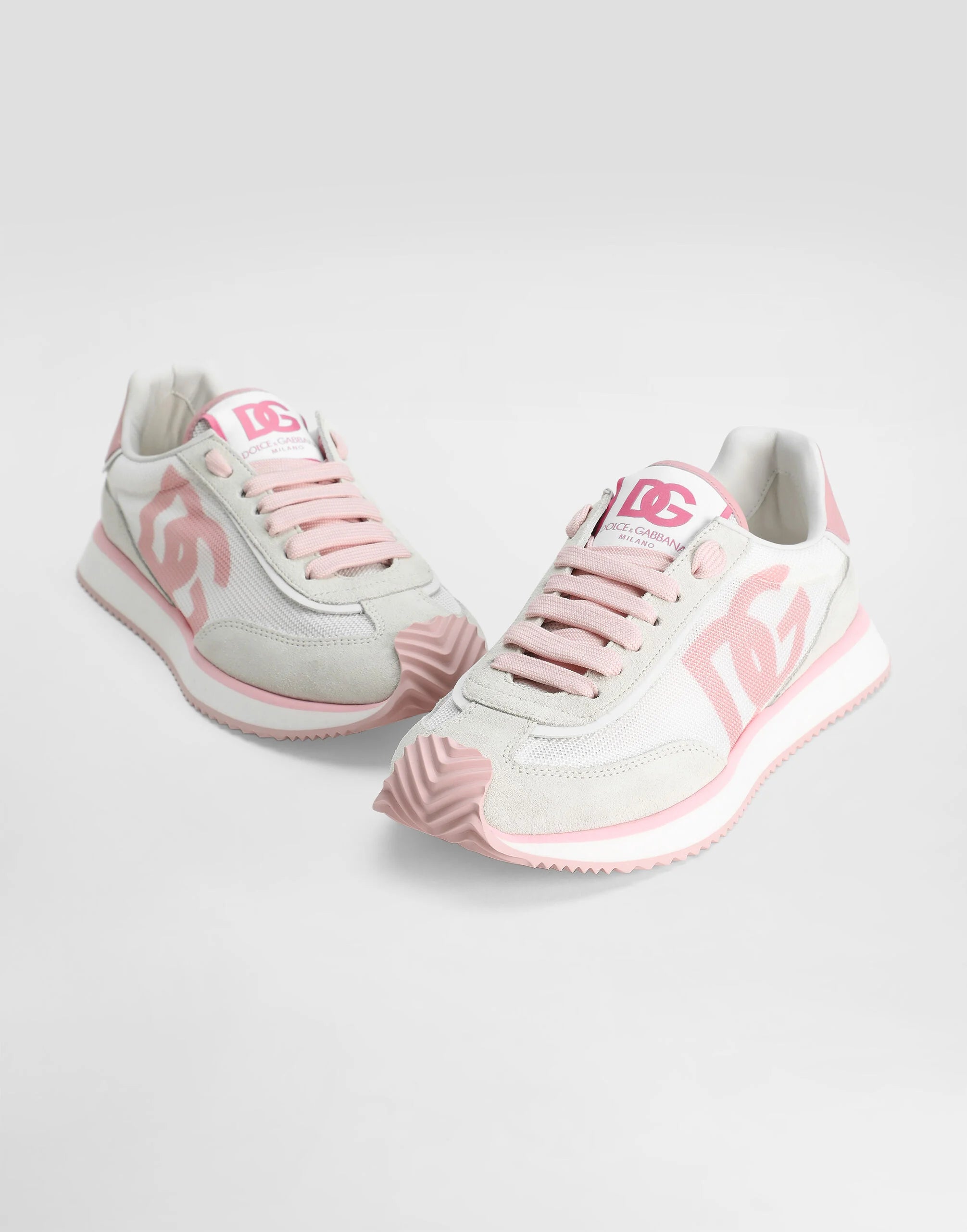 Cushion Mixed-Material Sneakers in Grey and Pink