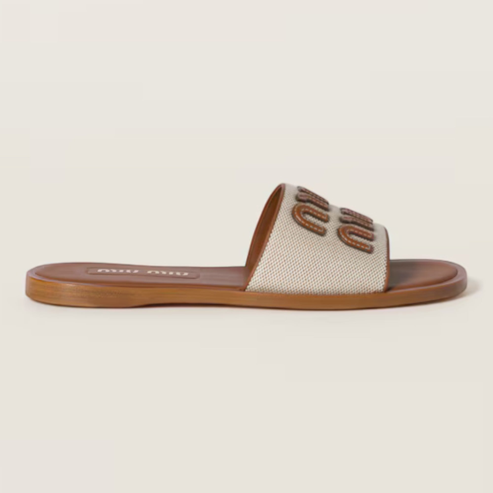 Canvas and Leather Slides Beige Brandy