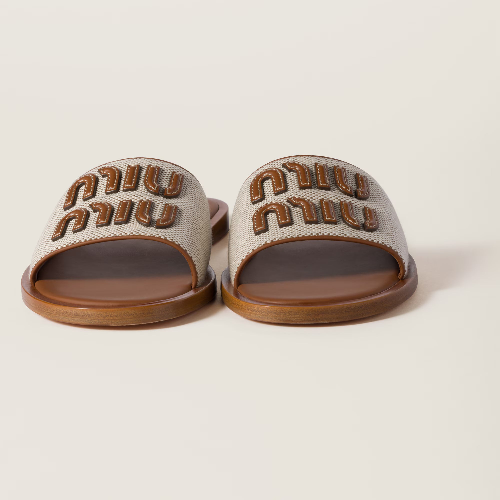 Canvas and Leather Slides Beige Brandy