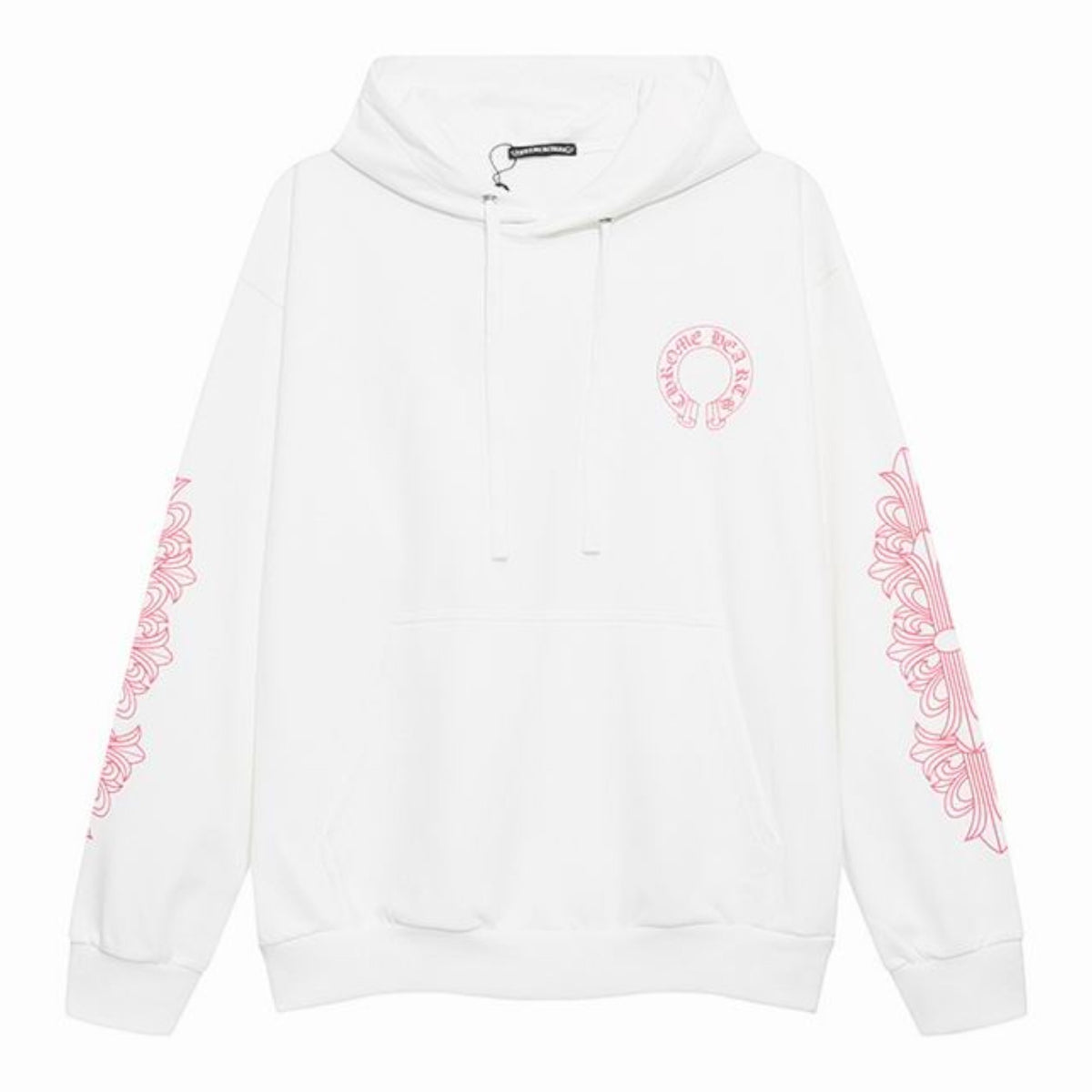 Pink Horseshoe Floral Sleeve Pullover Hoodie White