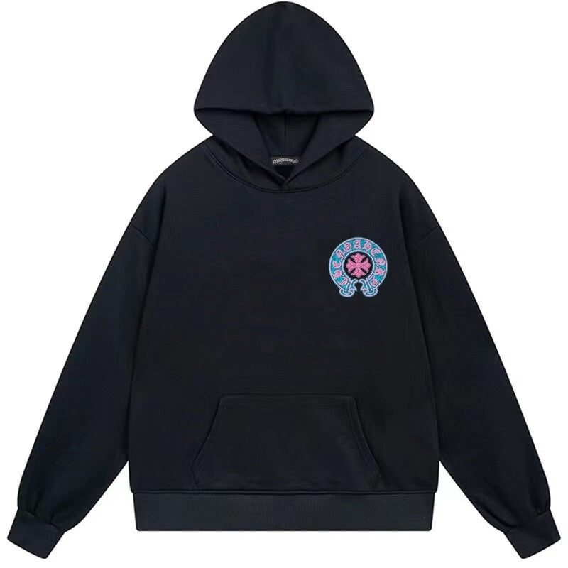 Blue Horseshoe Pink Floral Cross Hoodie Black