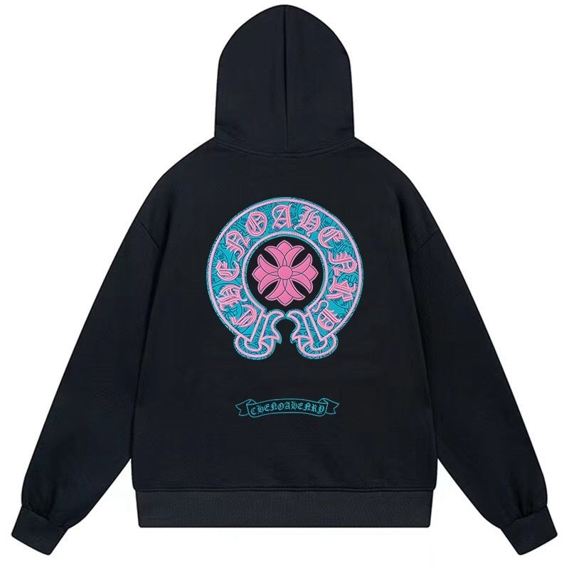Blue Horseshoe Pink Floral Cross Hoodie Black