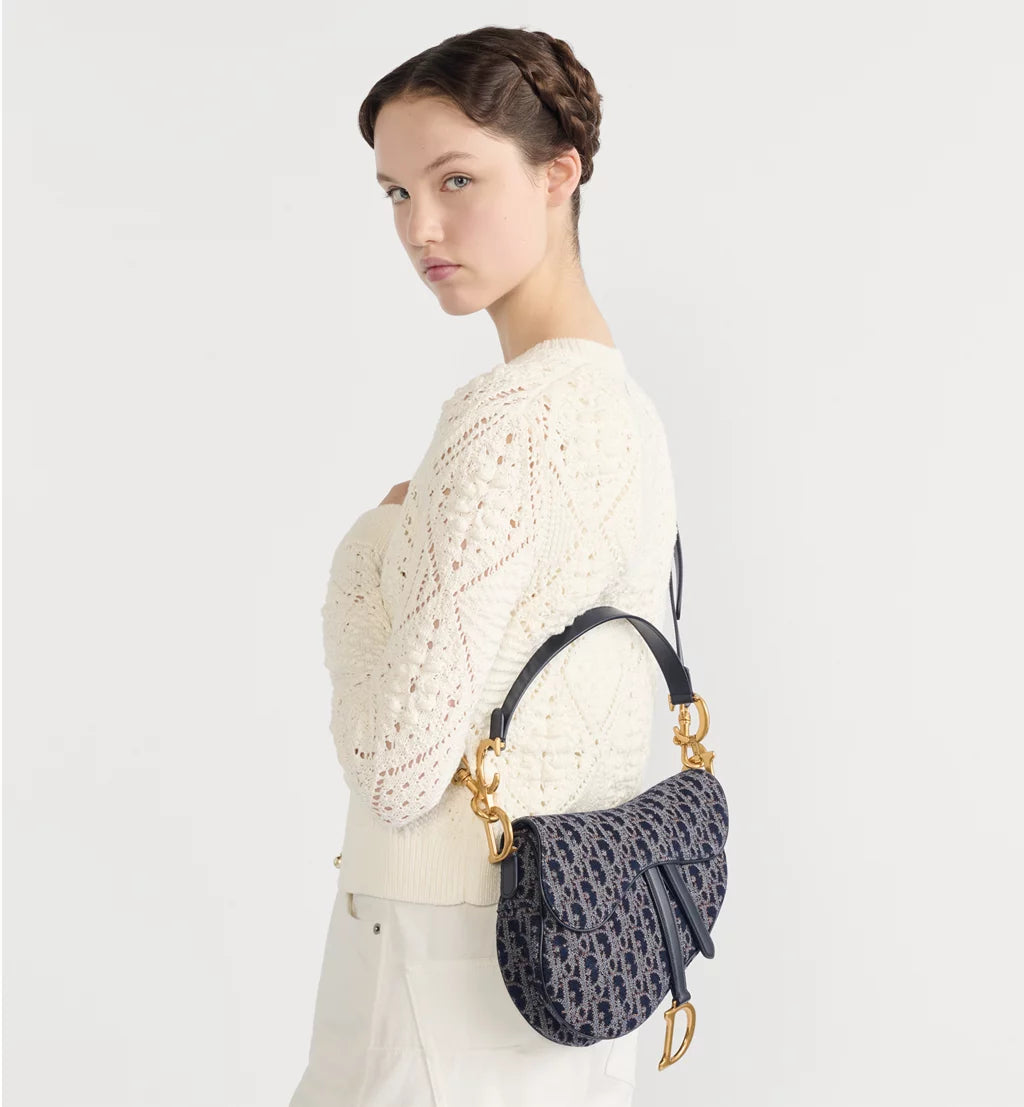 Dior Saddle Bag with Strap in Blue and Tobacco Oblique Denim