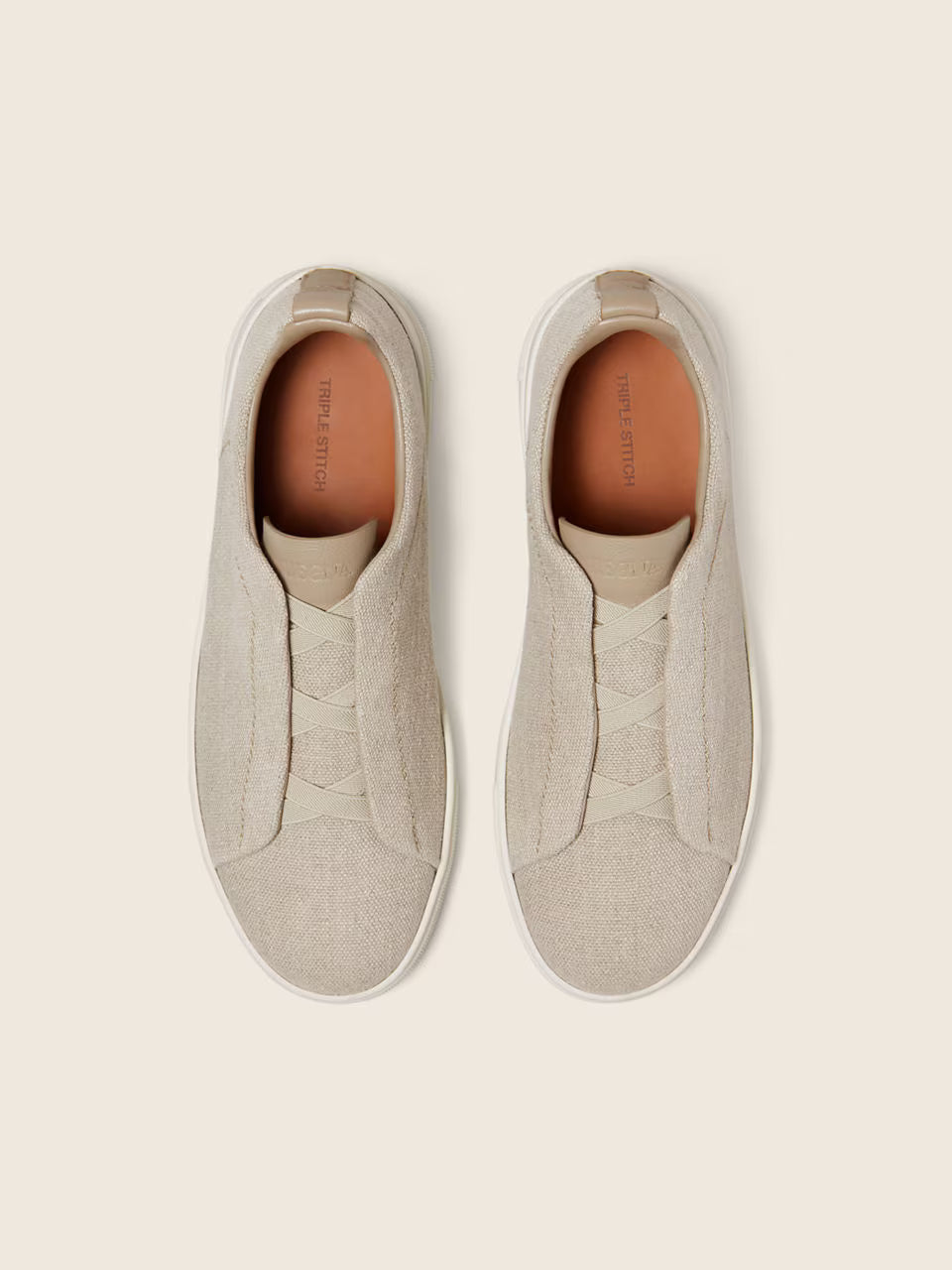 Zegna Light Beige Cotton Linen and Leather Triple Stitch™ Sneakers