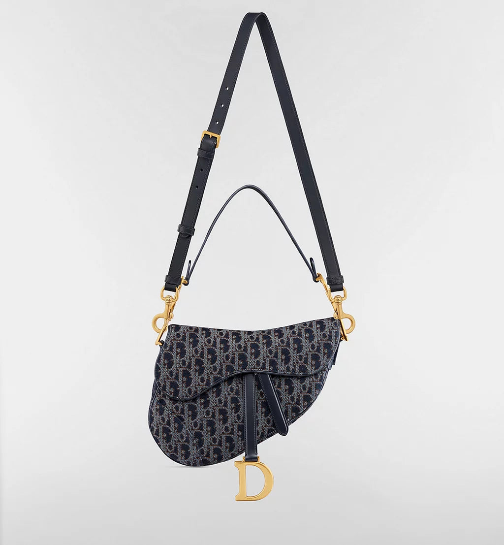 Dior Saddle Bag with Strap in Blue and Tobacco Oblique Denim