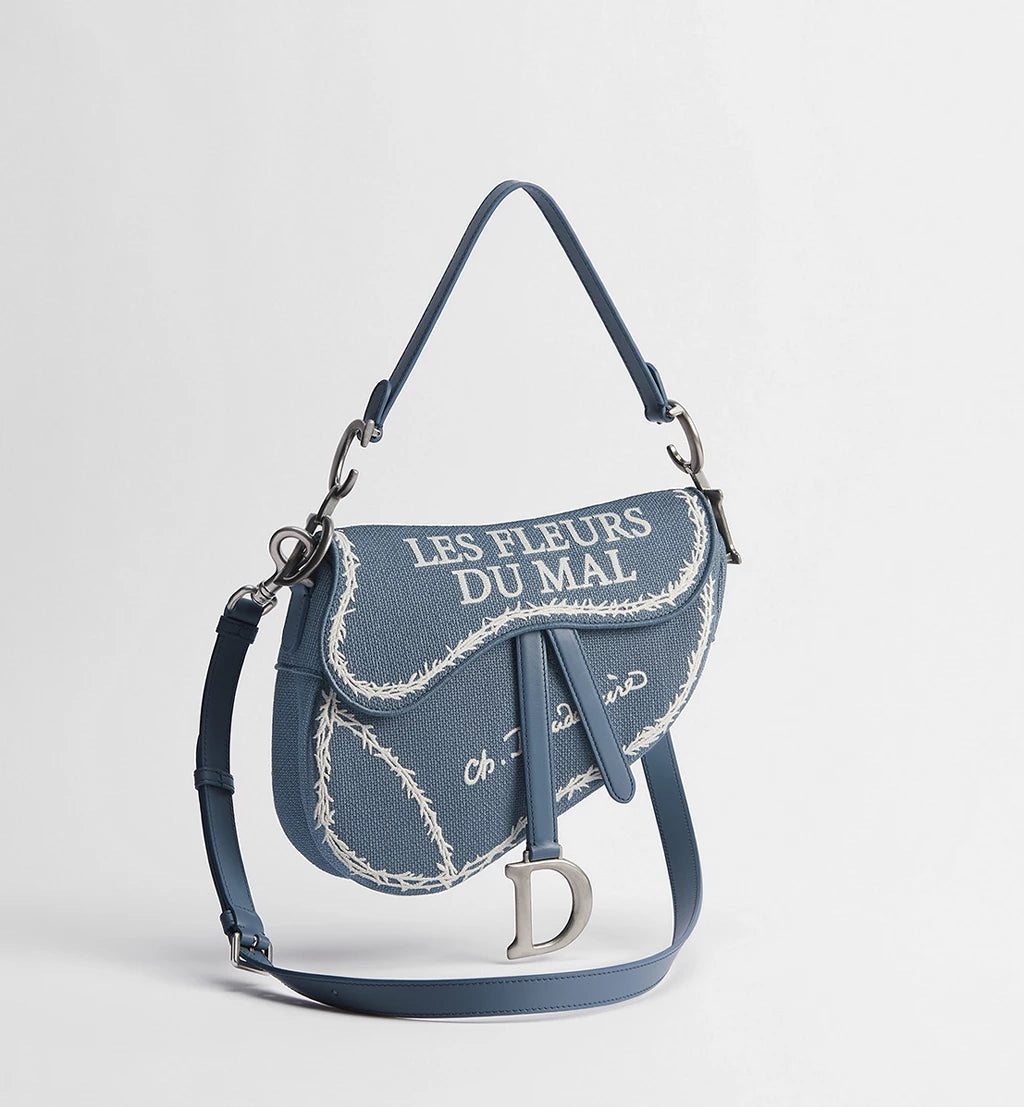 Dior Saddle Bag with Strap in Blue and White Book Cover Embroidery