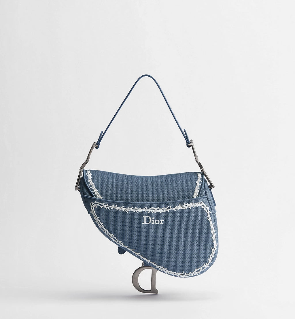 Dior Saddle Bag with Strap in Blue and White Book Cover Embroidery