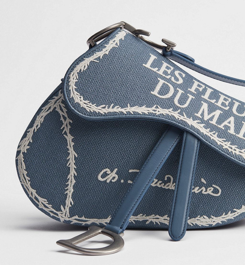 Dior Saddle Bag with Strap in Blue and White Book Cover Embroidery