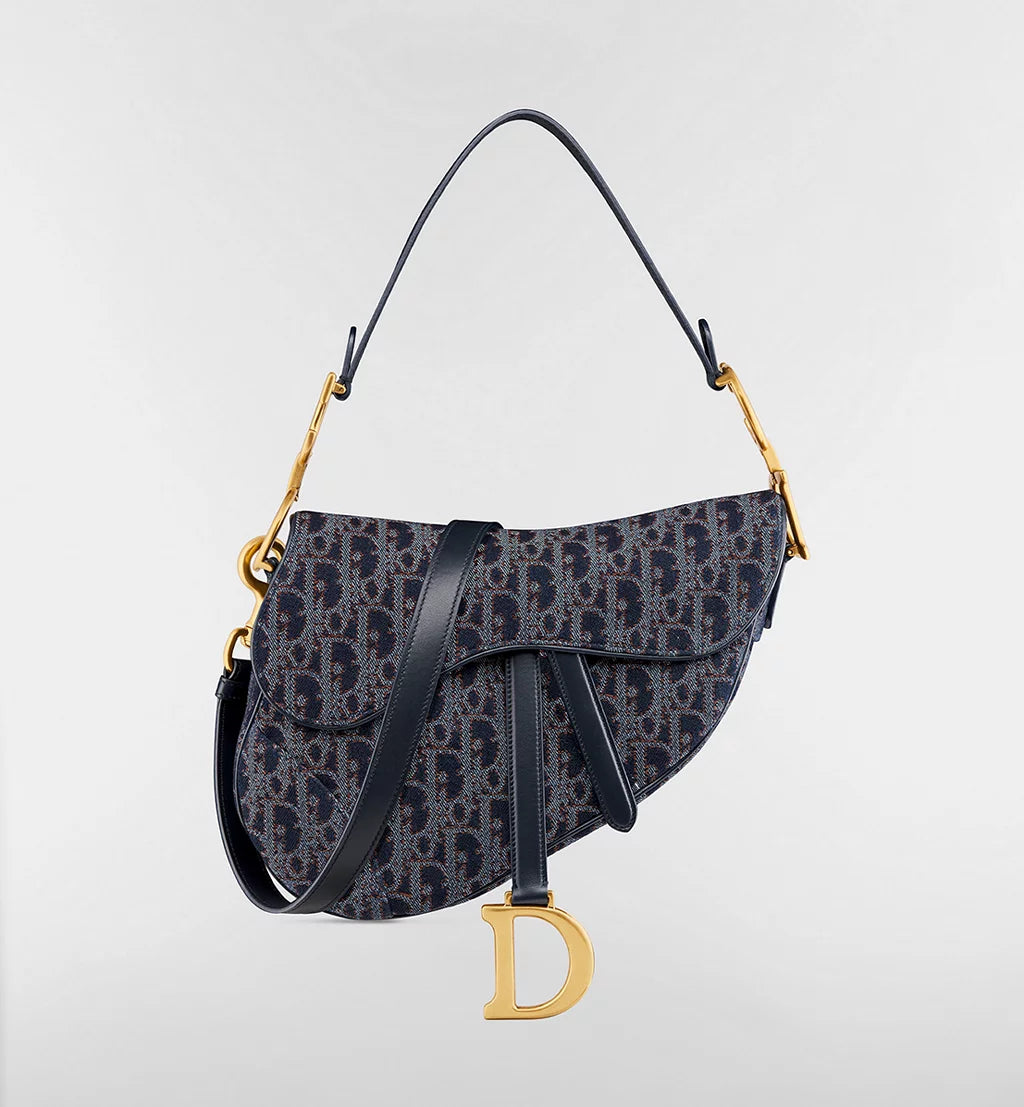 Dior Saddle Bag with Strap in Blue and Tobacco Oblique Denim