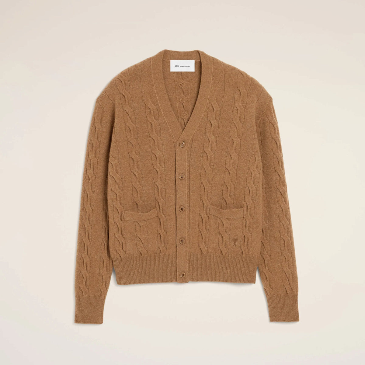 Cable Knit Wool Cardigan Camel