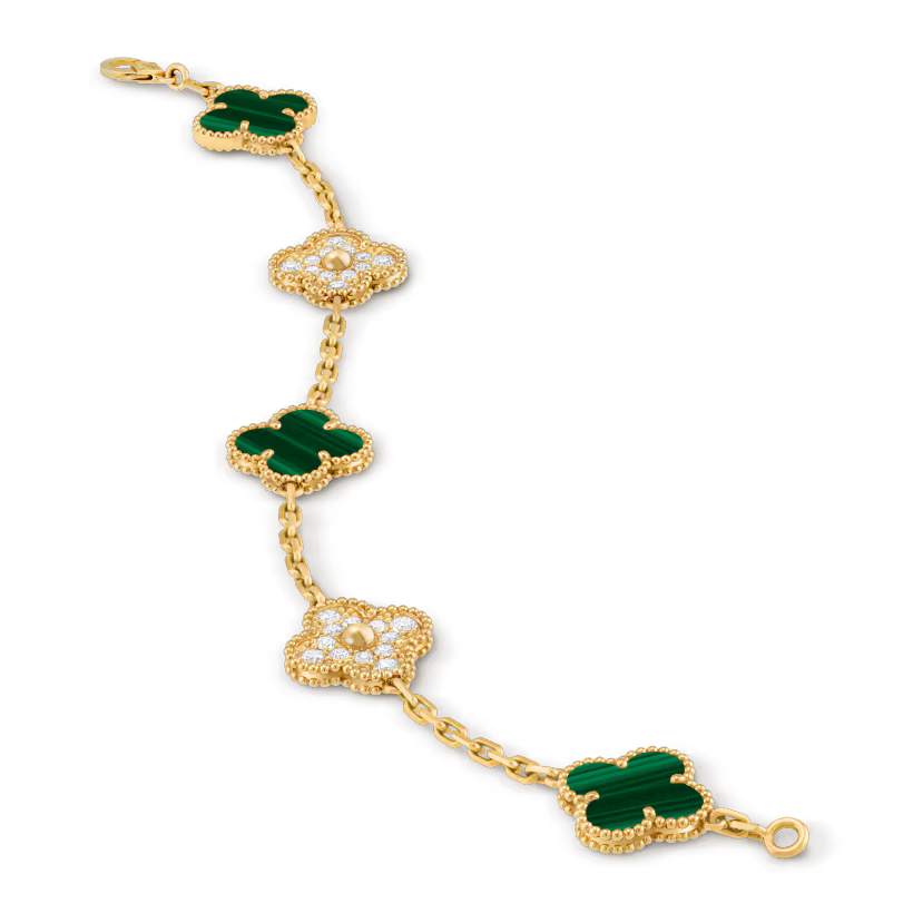 Vintage Alhambra Bracelet 5 Motifs Diamond Malachite