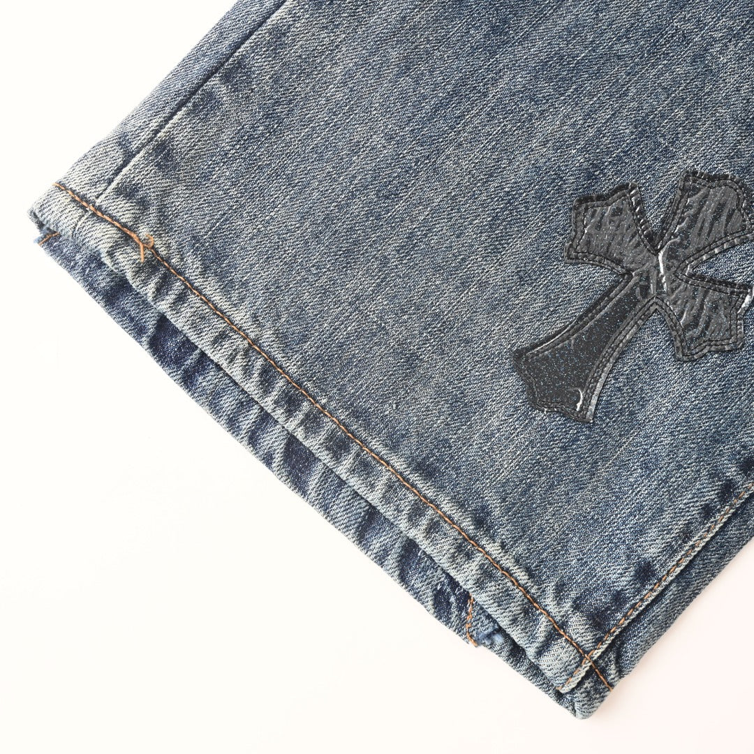Leather Cross Patch Denim Jeans
