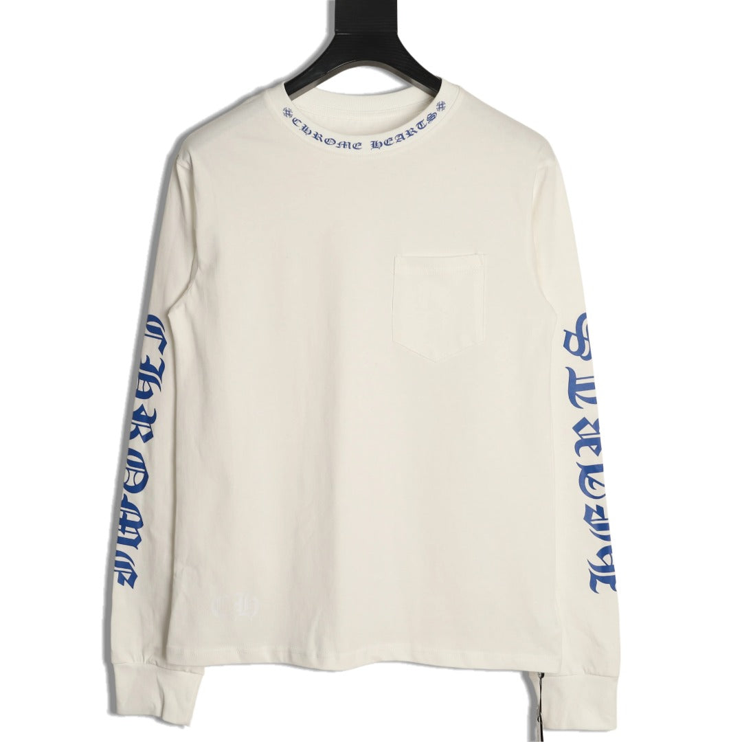 Neck Script Logo Long Sleeve T-Shirt White & Blue