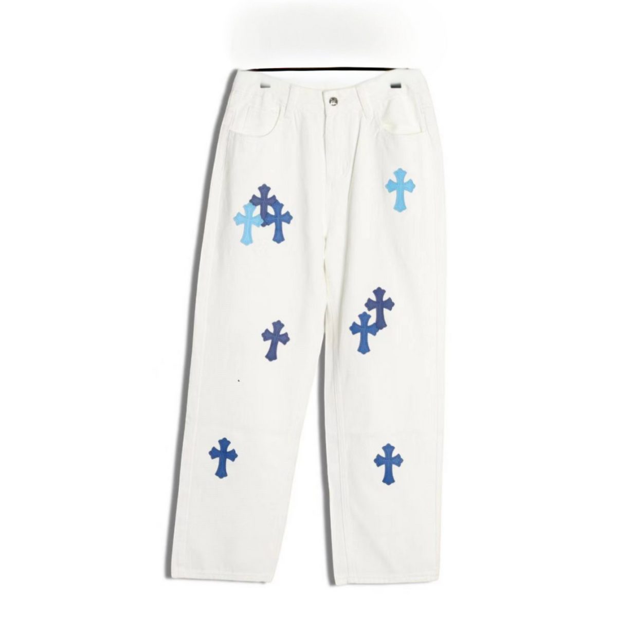Leather Cross Patch Denim Jeans White & Blue