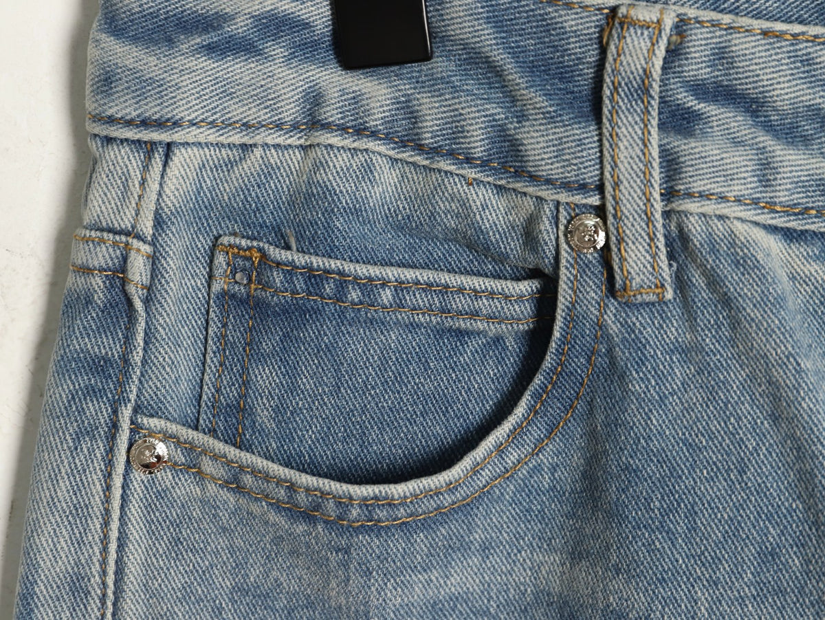 Gothic Cross Patch Denim Jeans Light Blue Wash