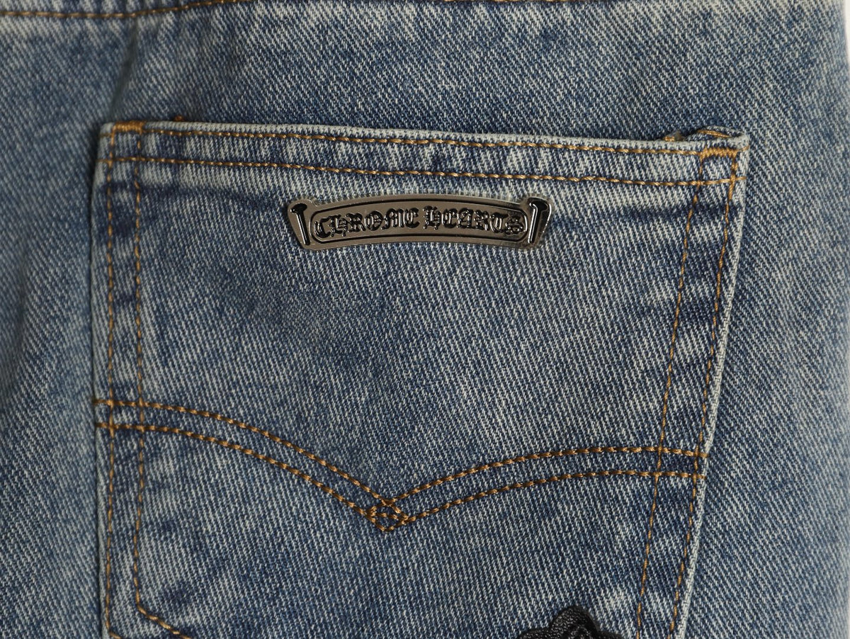 Cross Patch Straight-Leg Denim Jeans Light Blue & Black