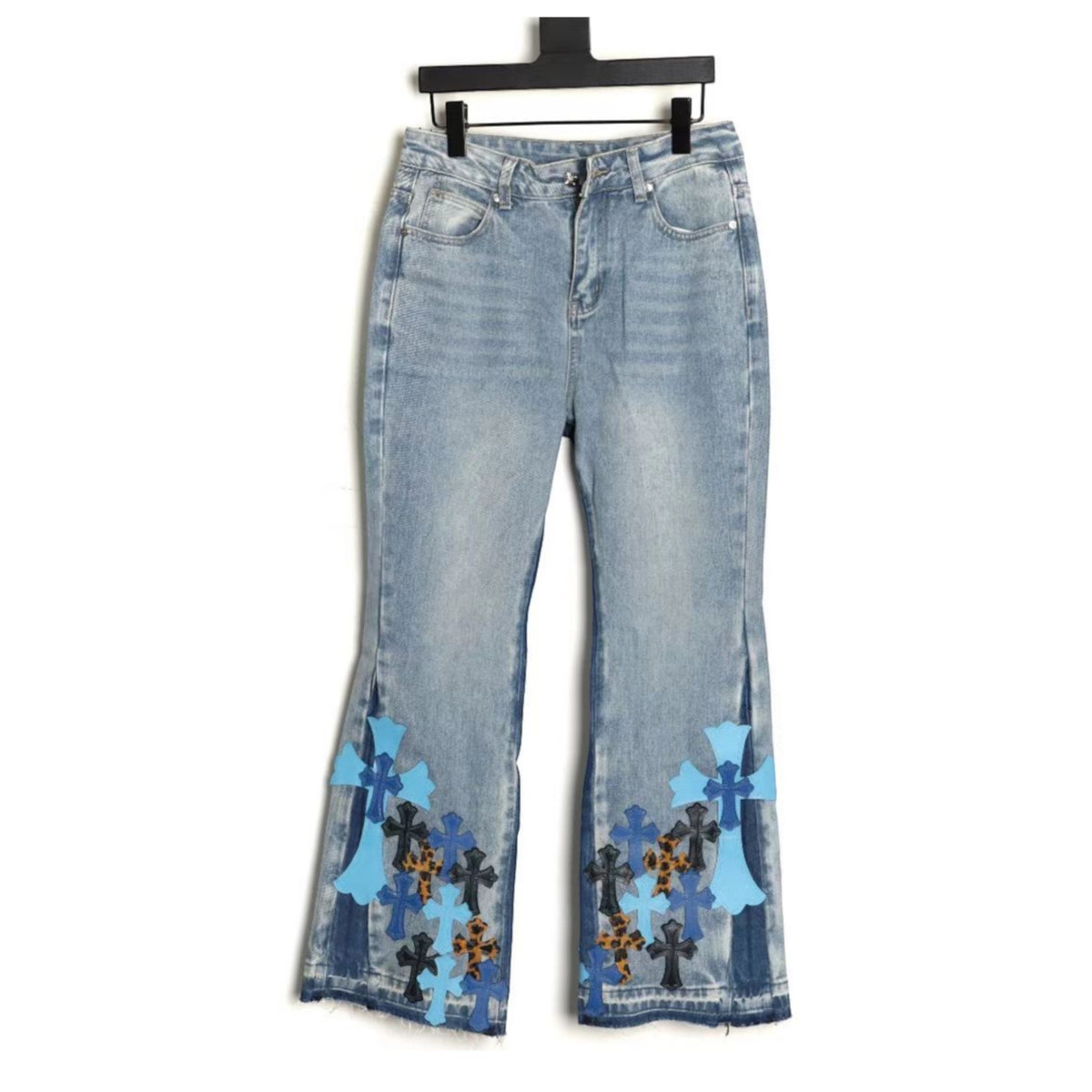 Cross Patch Flare Denim Jeans Light Blue