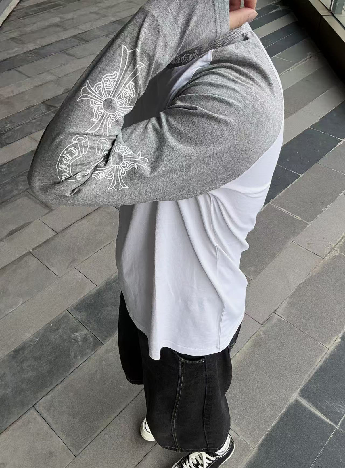 Graphic Raglan Long Sleeve T-Shirt White & Grey
