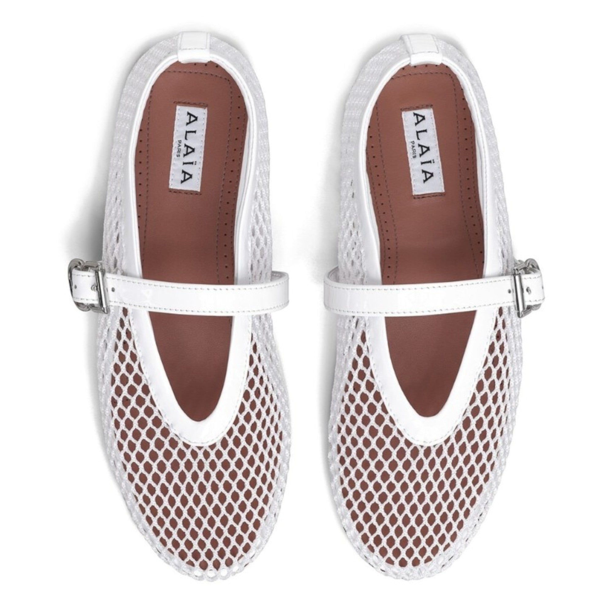 Fishnet Patent Leather Mary Jane Ballerinas White