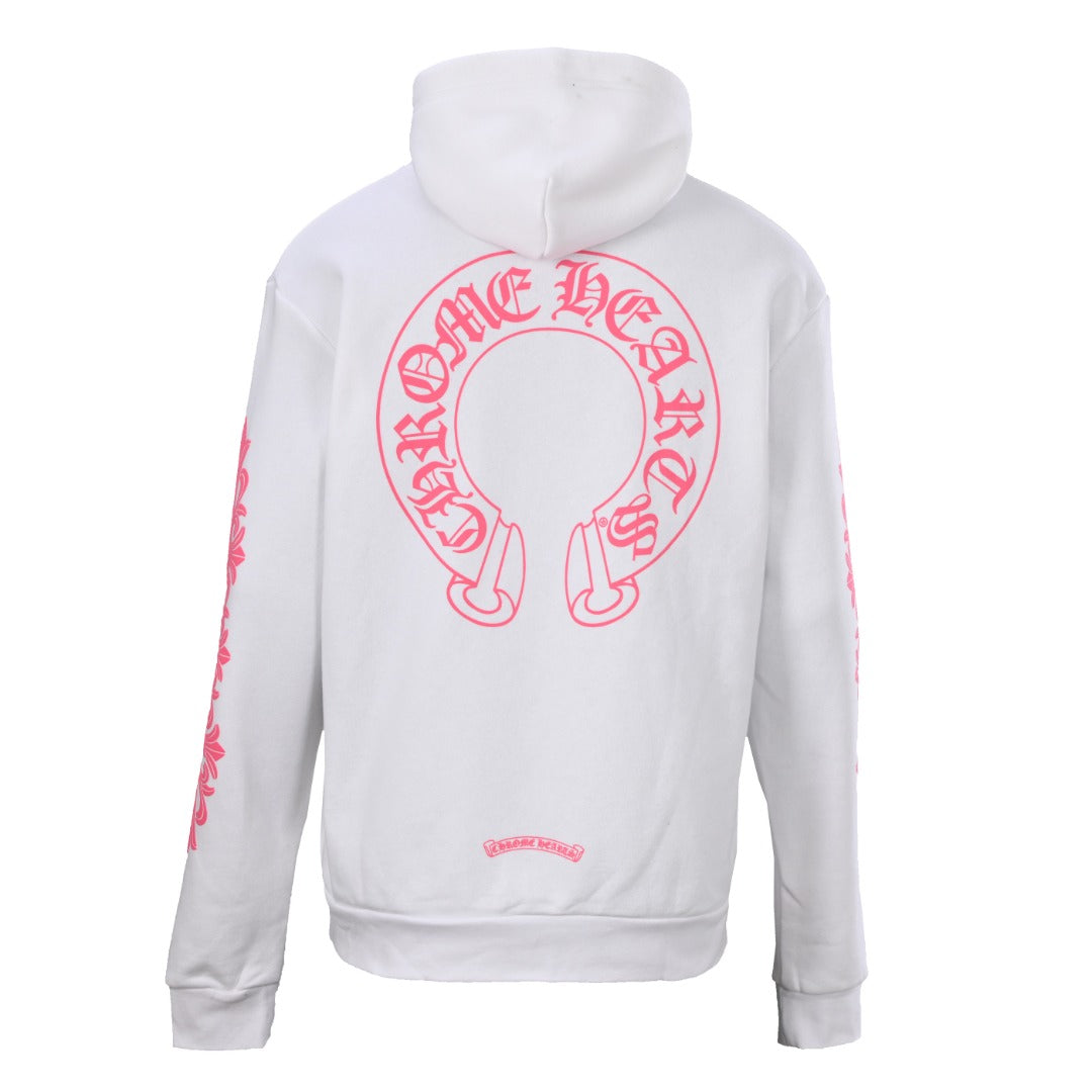 Pink Horseshoe Floral Sleeve Pullover Hoodie White