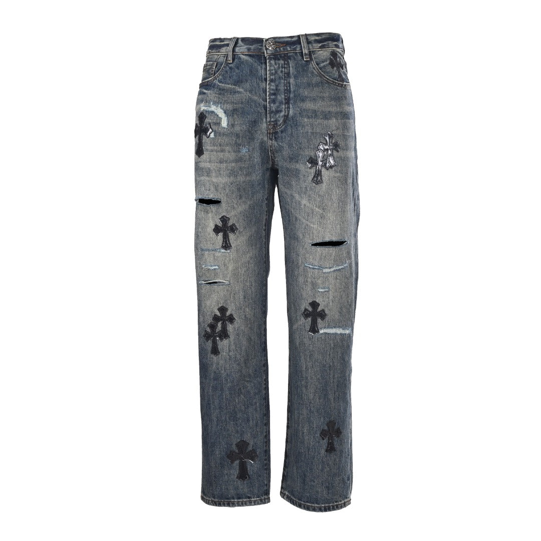 Leather Cross Patch Denim Jeans