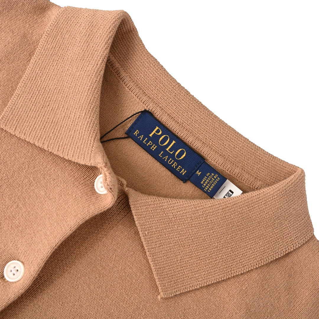 Cotton-Blend Polo Cardigan Camel Melange