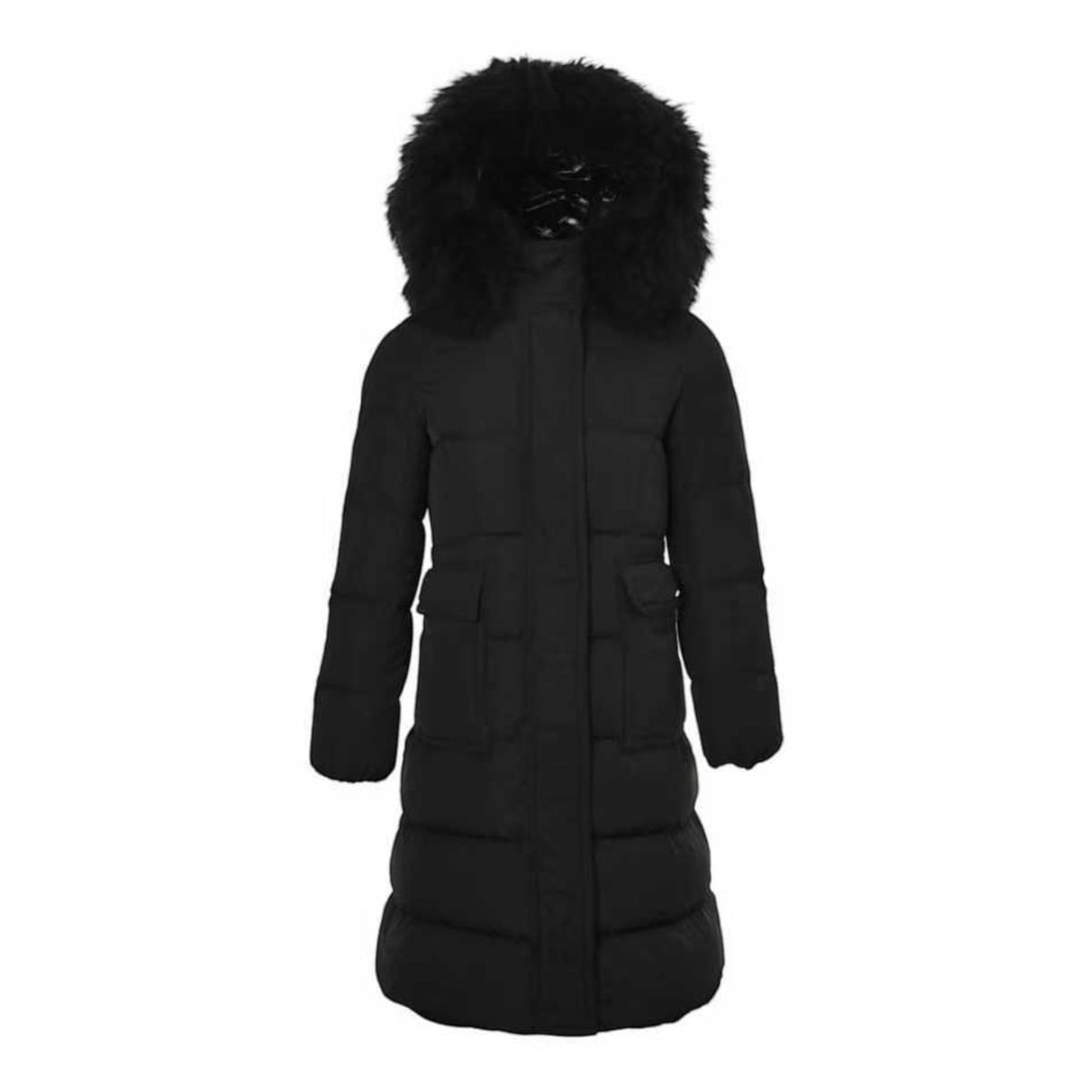 Fur-Trimmed Hooded Long Black