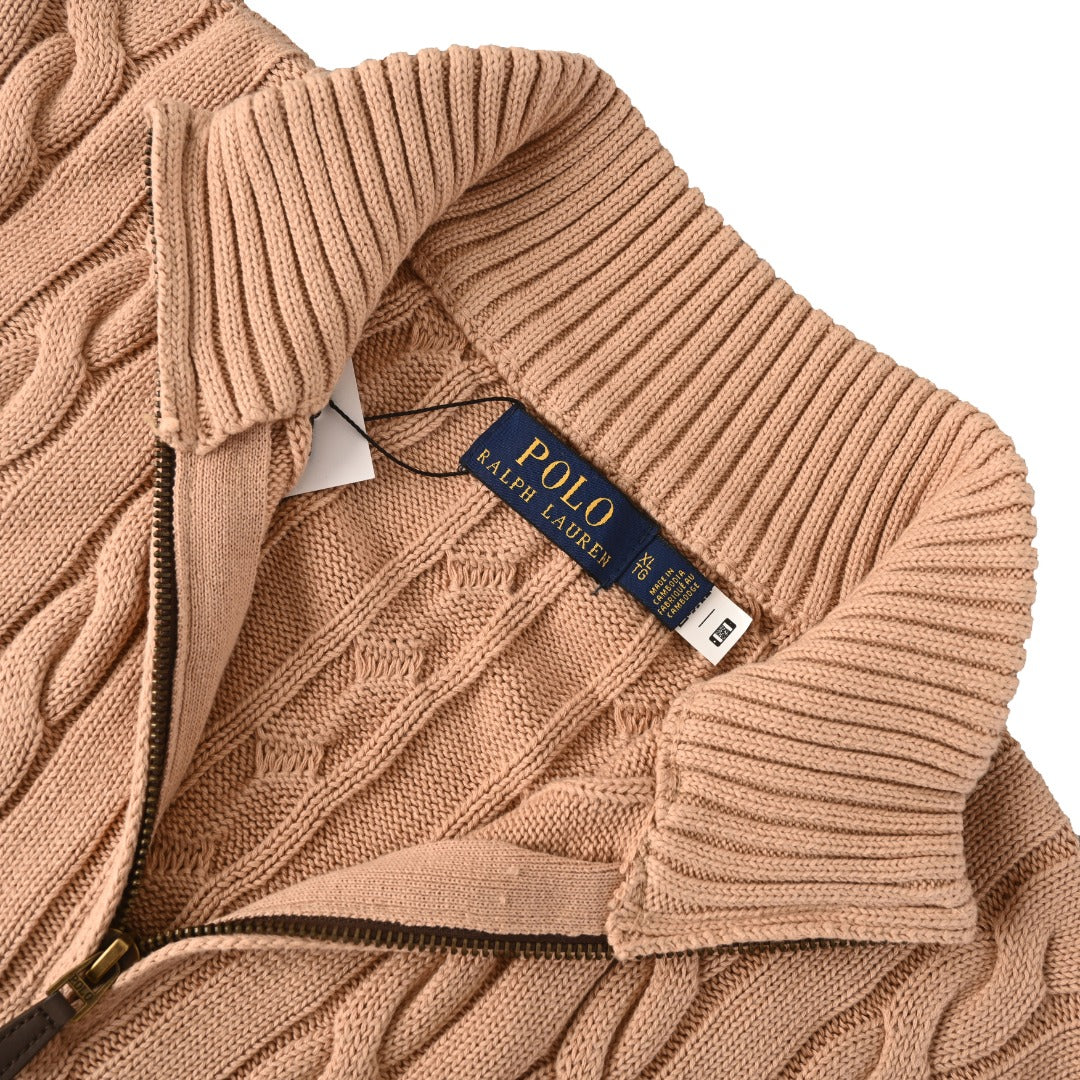 Cable-Knit Cotton Quarter-Zip Sweater Camel Melange