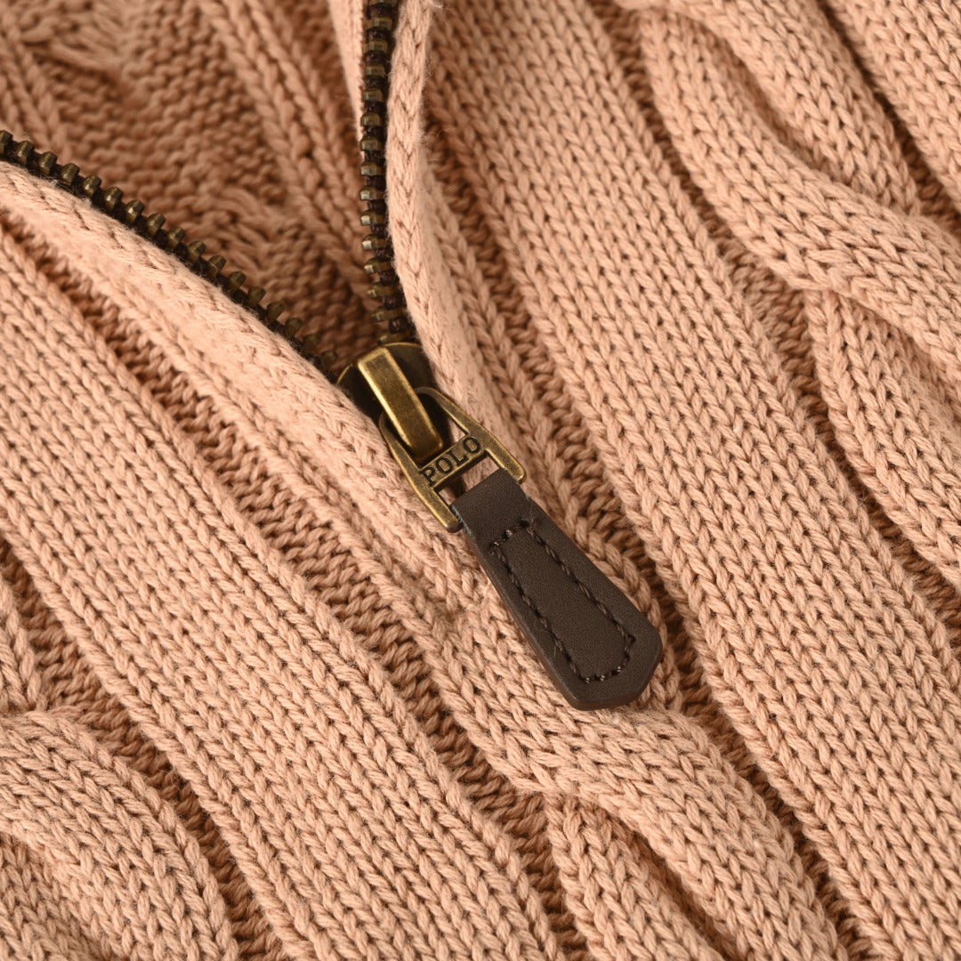 Cable-Knit Cotton Quarter-Zip Sweater Camel Melange