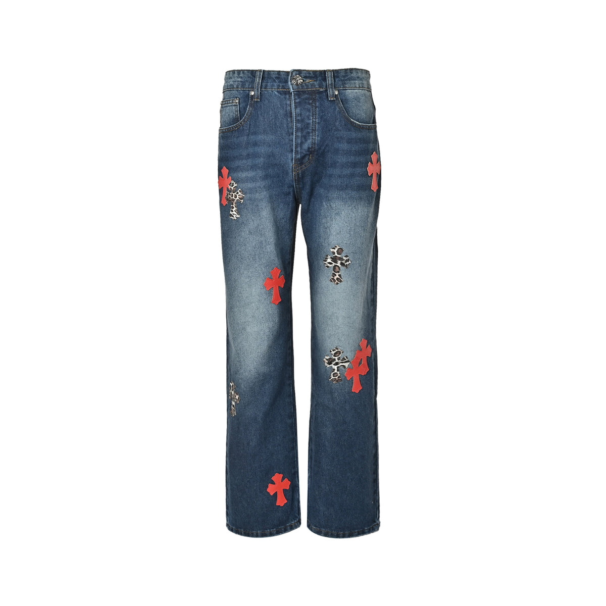 Multicolor Cross Patch Denim Jeans Blue Wash