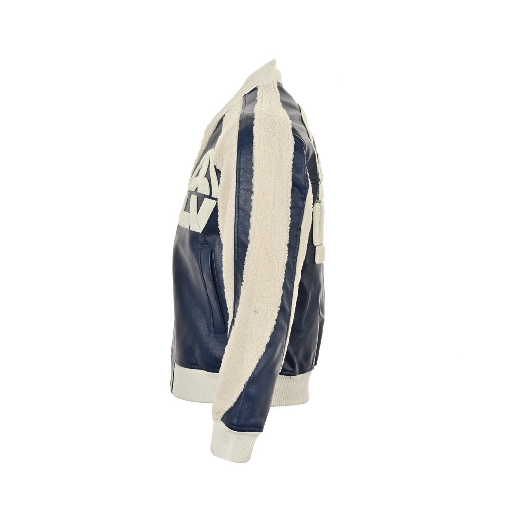 Leather Mix Teddy Jacket Blue / White