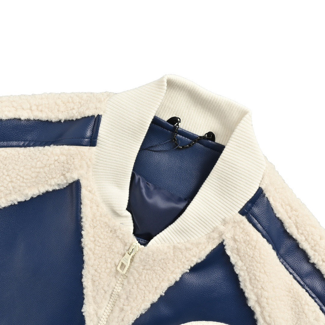 Leather Mix Teddy Jacket Blue / White