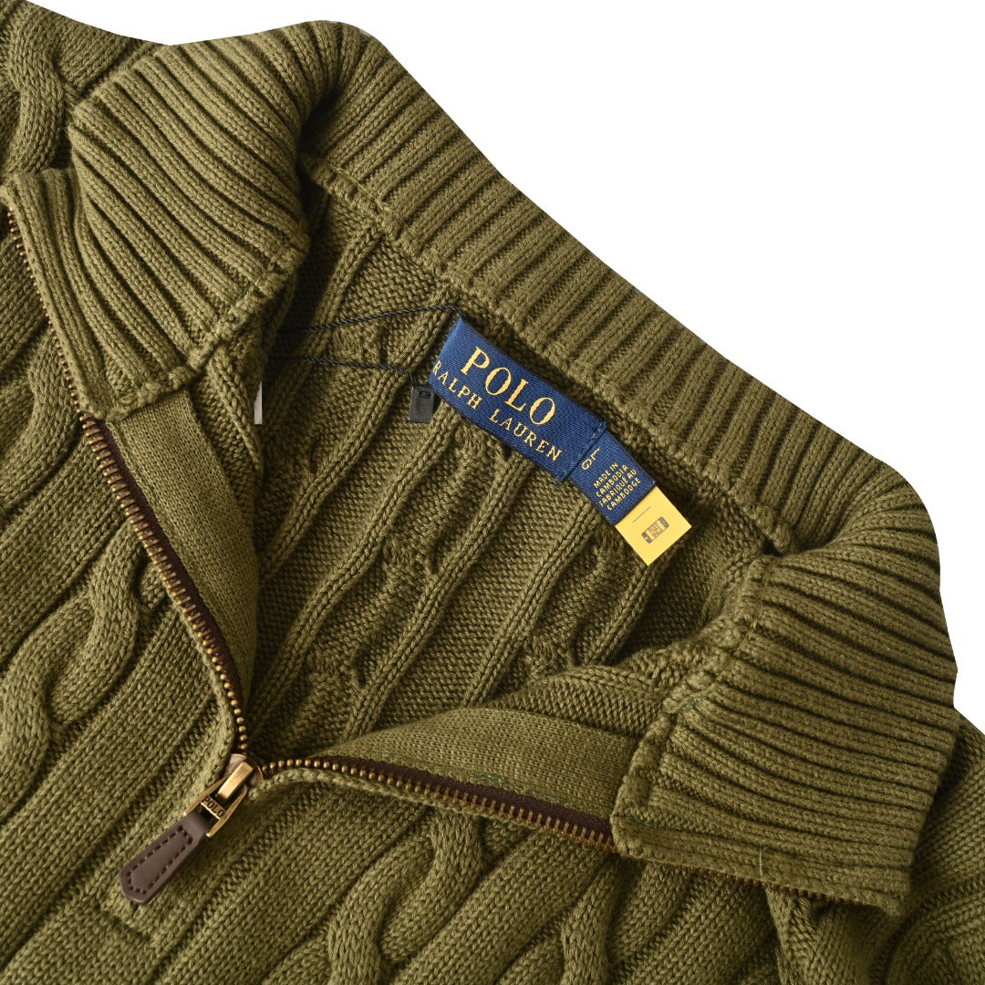 Cable-Knit Quarter-Zip Sweater Olive Green