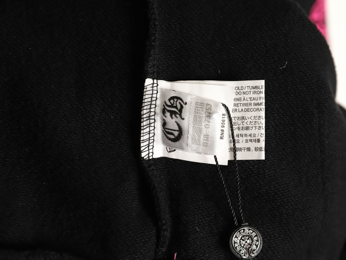 Horseshoe Floral Cross Sleeve Zip-Up Hoodie Black & Pink