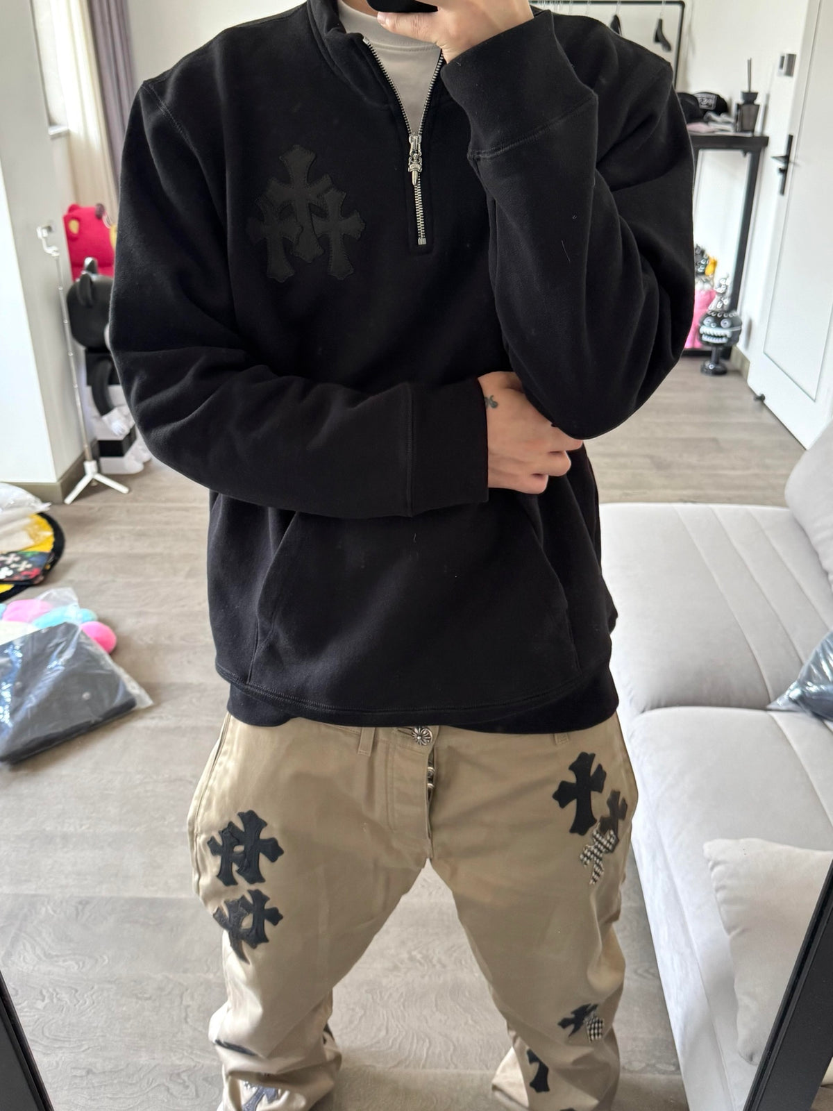 Triple Cross Patch Quarter-Zip Sweater Black